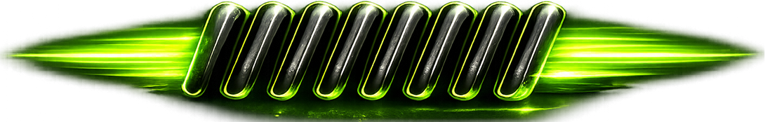 Neon green and black stylized logo with a glowing horizontal bar and central dark stripes