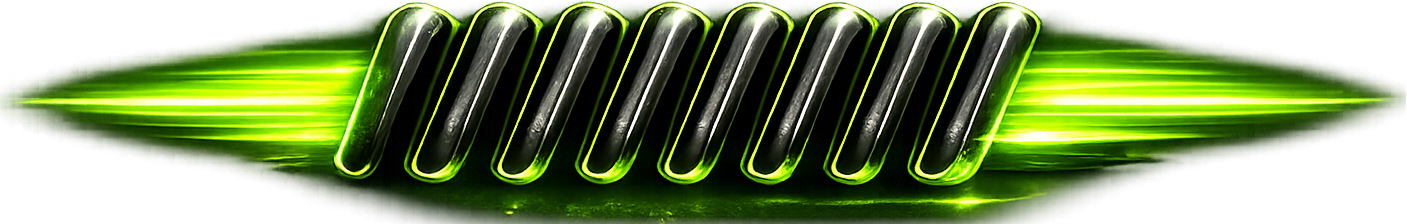 Neon green and black stylized barcode or graphic with metallic sheen on a white background