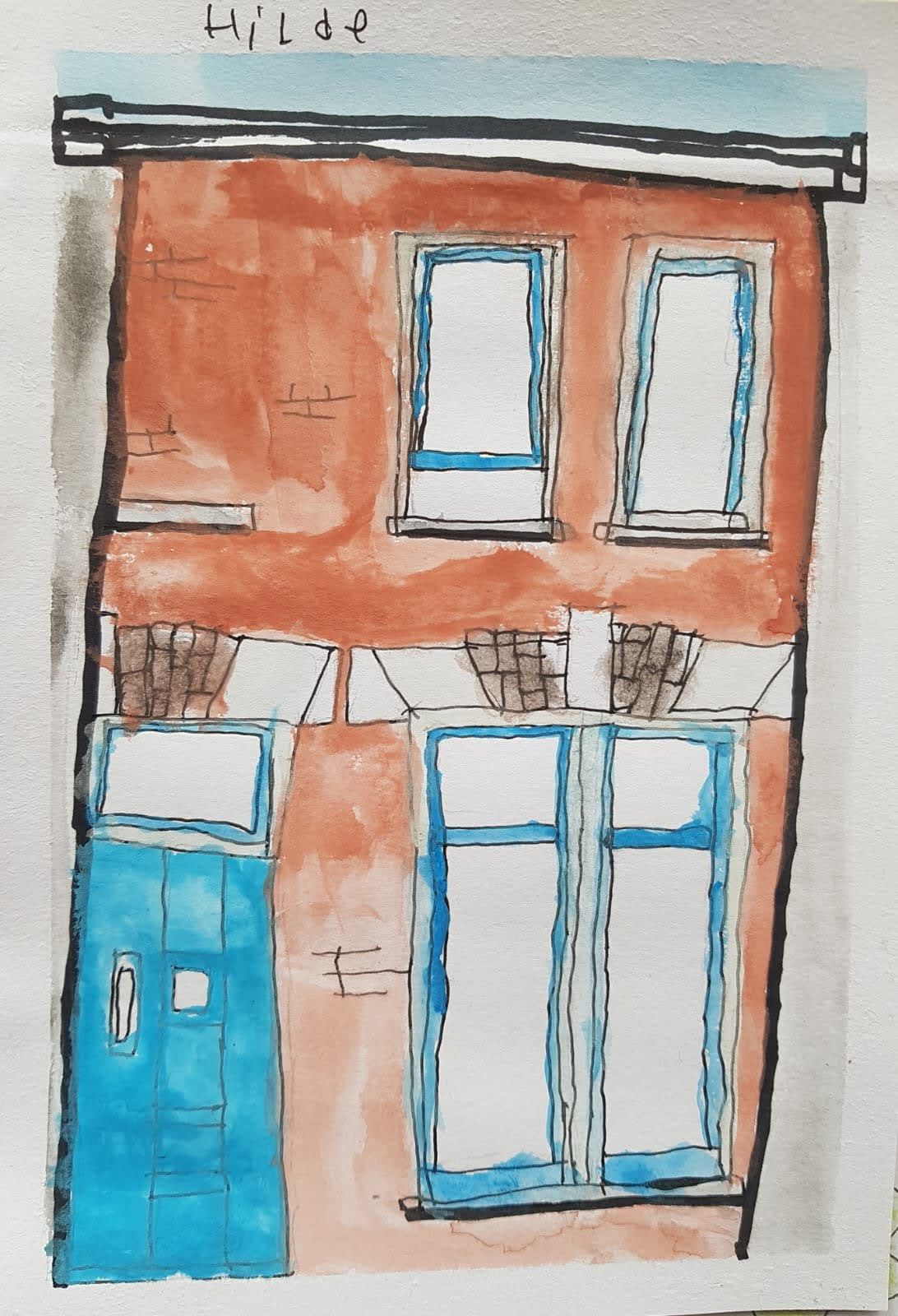 Een tekening van het huis waar de praktijk gevestigd is.
