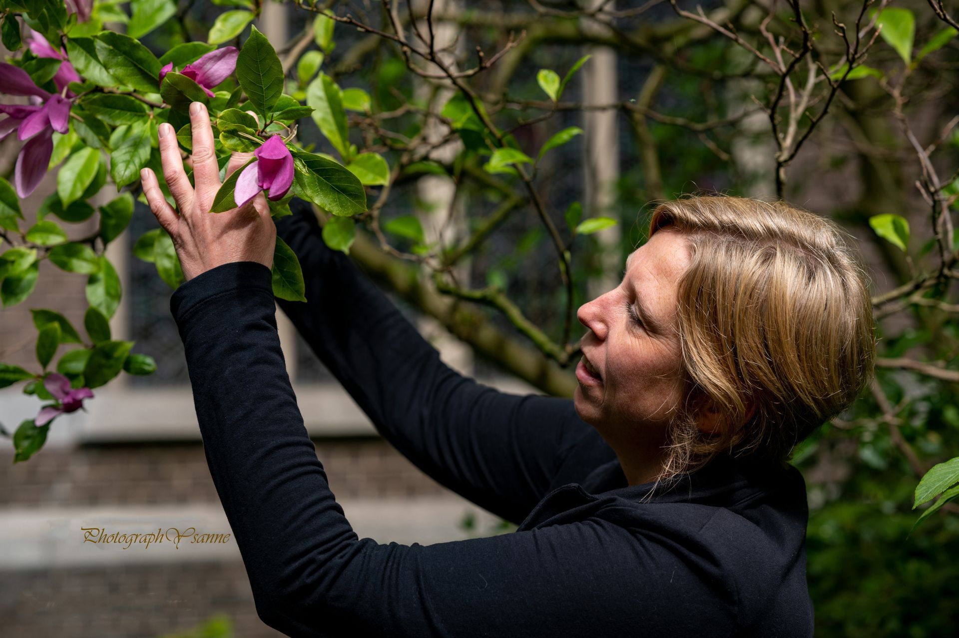 Een vrouw in een zwart jasje grijpt naar een paarse bloem op een boomtak