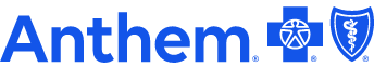 Anthem logo in blue text with the blue Anthem shield icon and medical caduceus symbol on a white background