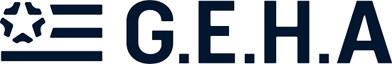 G.E.H.A logo in dark blue with a star icon and horizontal stripes on white background