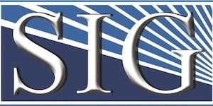 Blue background with white “SIG” letters over diagonal stripes