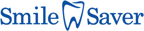 Smile Saver logo with blue text and a stylized tooth icon between the words