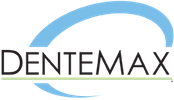 Dentemax logo with black text and a light blue curved line