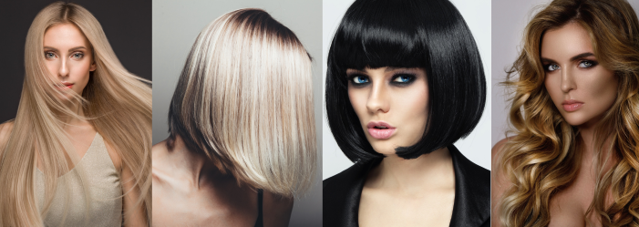 a collage of four pictures of women with different hairstyles .