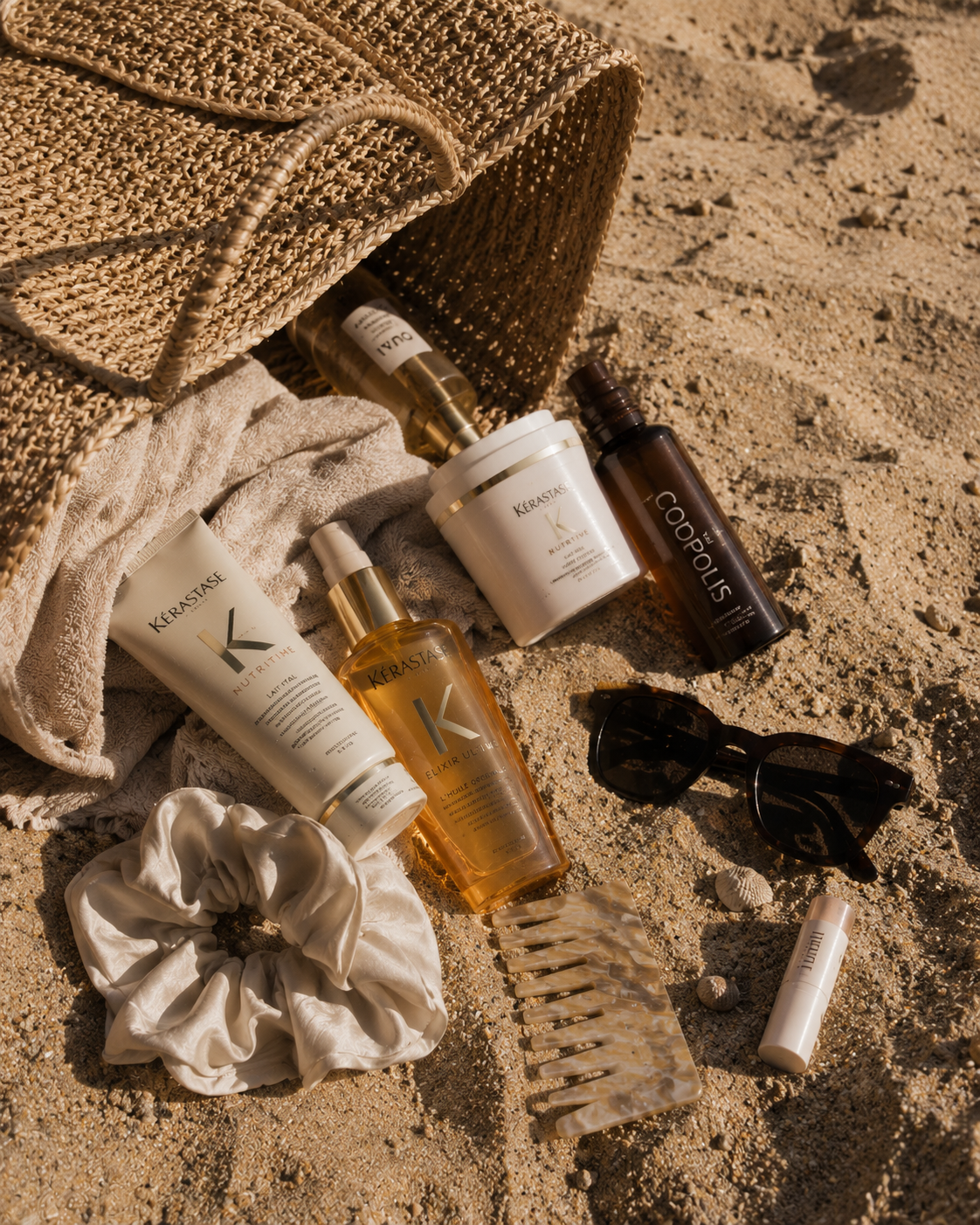 Skincare bottles and tubes on sand beside a woven beach bag, with a brush and scrunchie