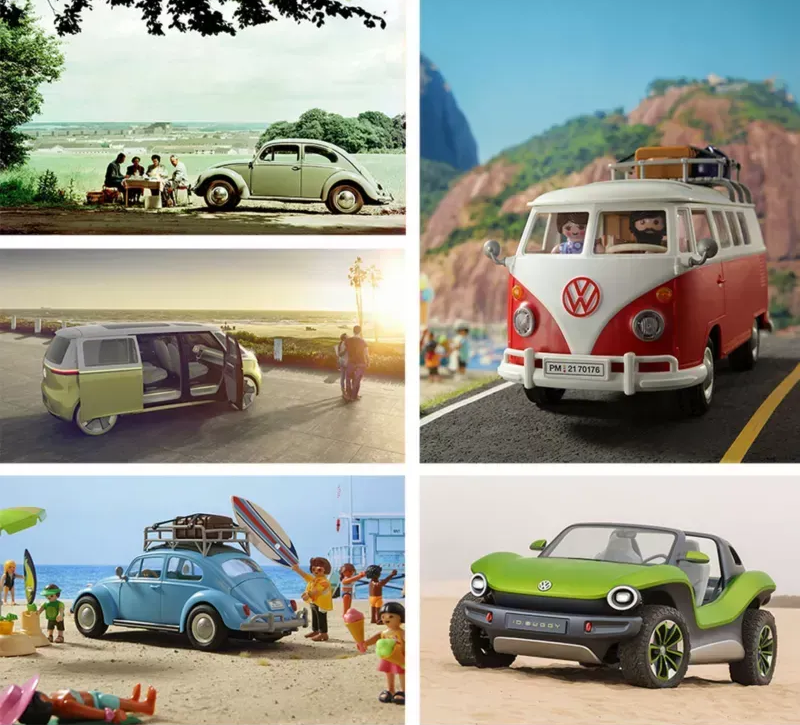 Colagem de vans Volkswagen e Fuscas antigos e coloridos em cenários de praia e estrada.
