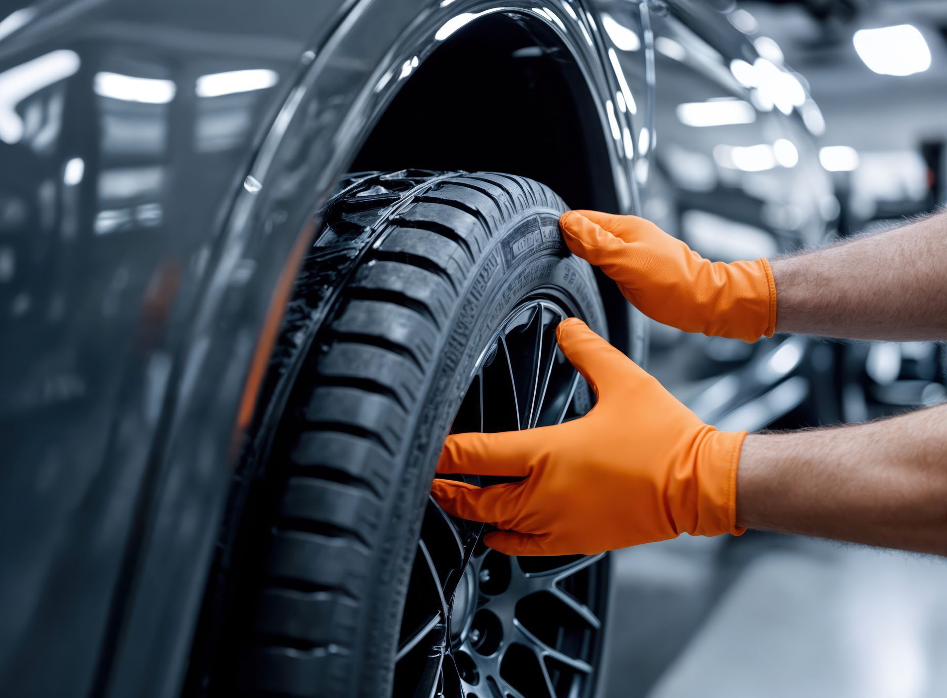 Orange-gloved hands checking a car tire in an auto shop | Master Auto Repair & Service Corp