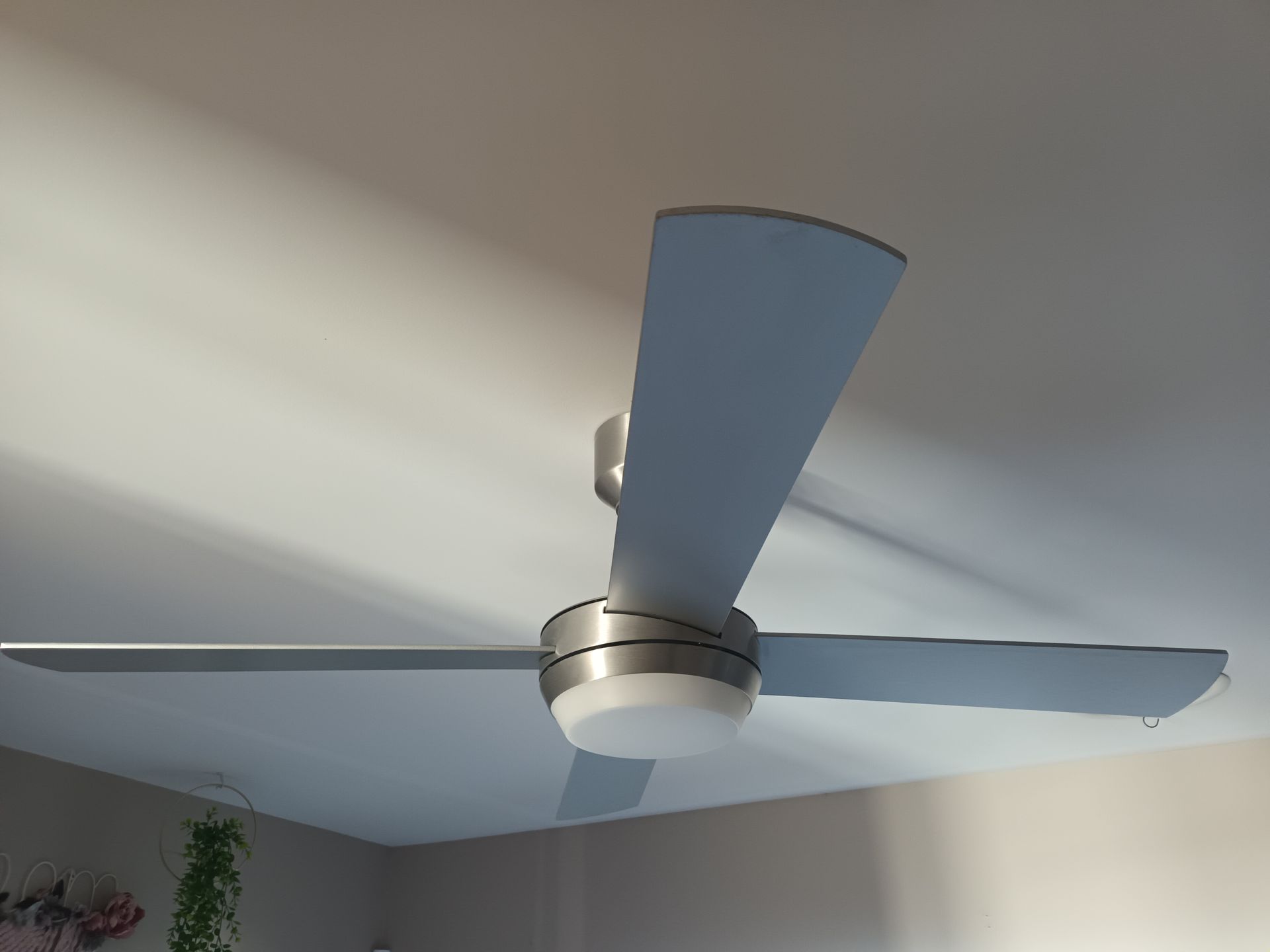 Ceiling fan with three light-blue blades, white light, and silver motor on a white ceiling. — Ryphen Electrical in Highton, VIC