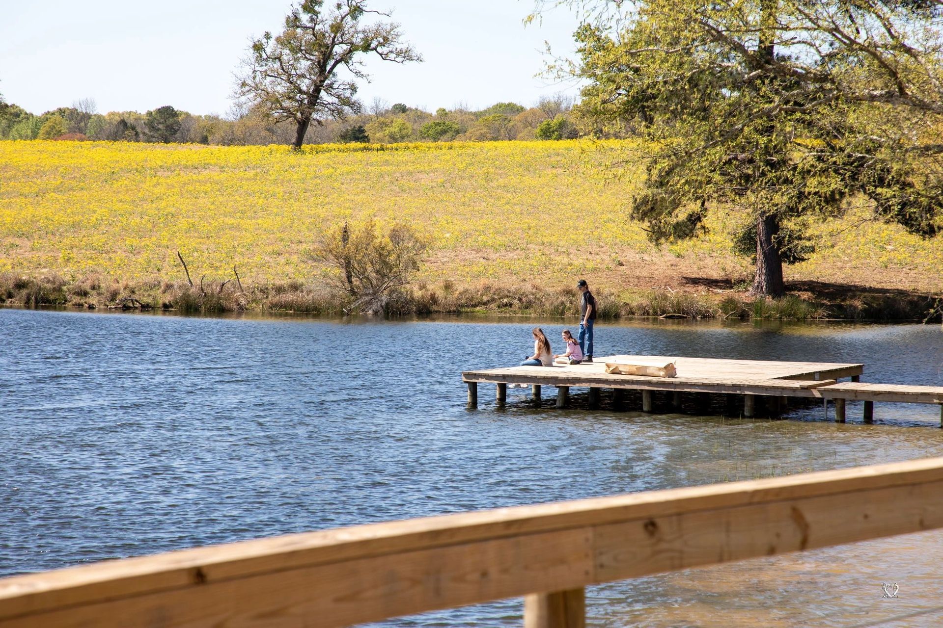 Two people stand on a dock by a blue lake, with yellow wildflowers and trees in the background.