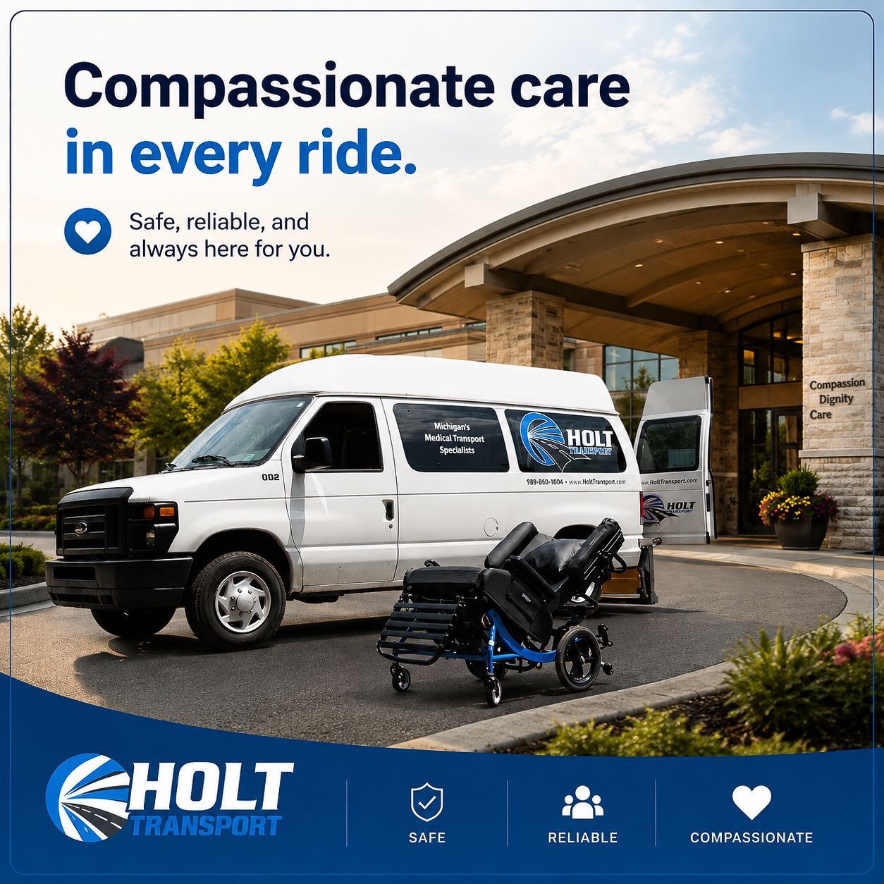 White accessibility van with wheelchair lift parked at a building entrance, promoting compassionate care.