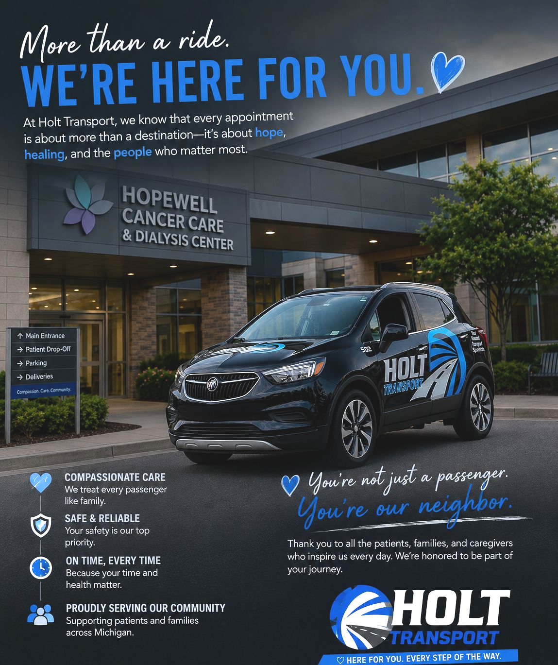 Holt Transport minivan outside Hopewell Cancer Care, with “We’re here for you” support message.