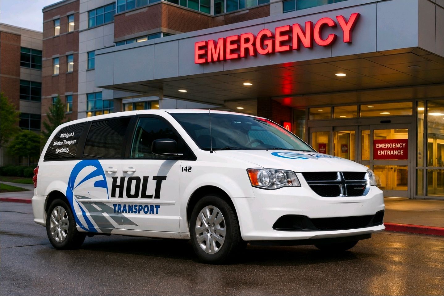 Two people stand smiling next to a white van branded with the logo for Holt Transport in an outdoor parking lot.