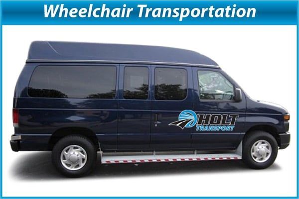 Blue wheelchair transportation van with “Wheelchair Transportation” text and HOLT logo