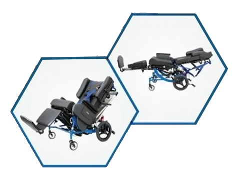 Two views of a blue wheelchair with a reclining seat and leg rest inside hexagon outlines
