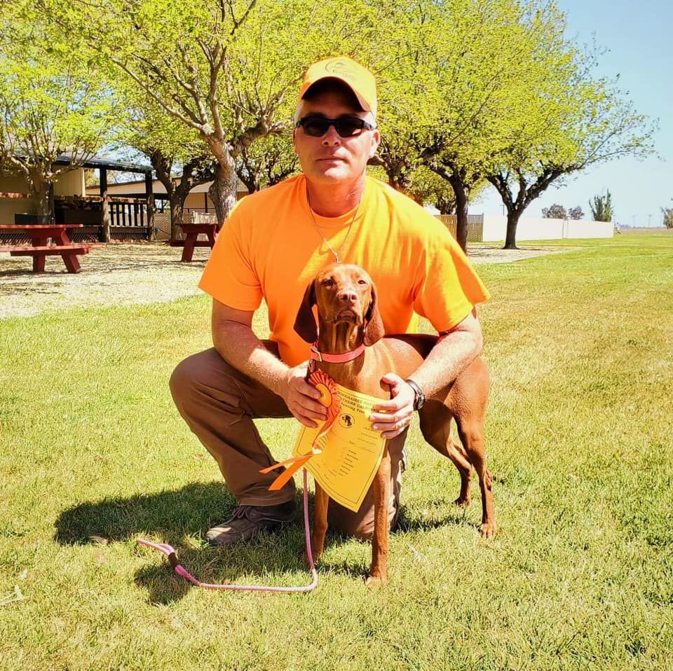 A man in an orange shirt is kneeling next to a brown dog