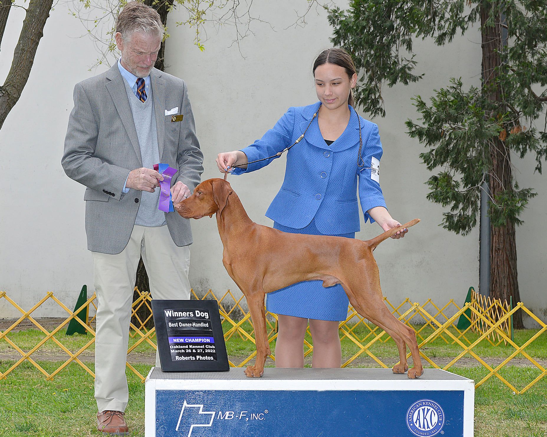 A woman in a blue suit is standing next to a brown dog