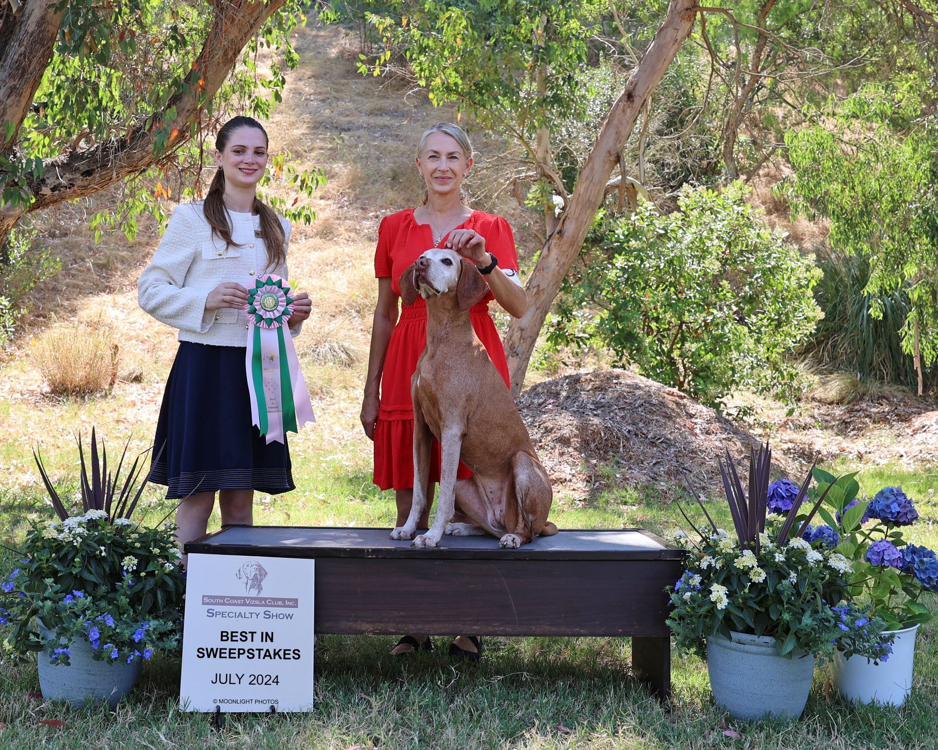 Two women are standing next to a dog on a podium at a dog show.