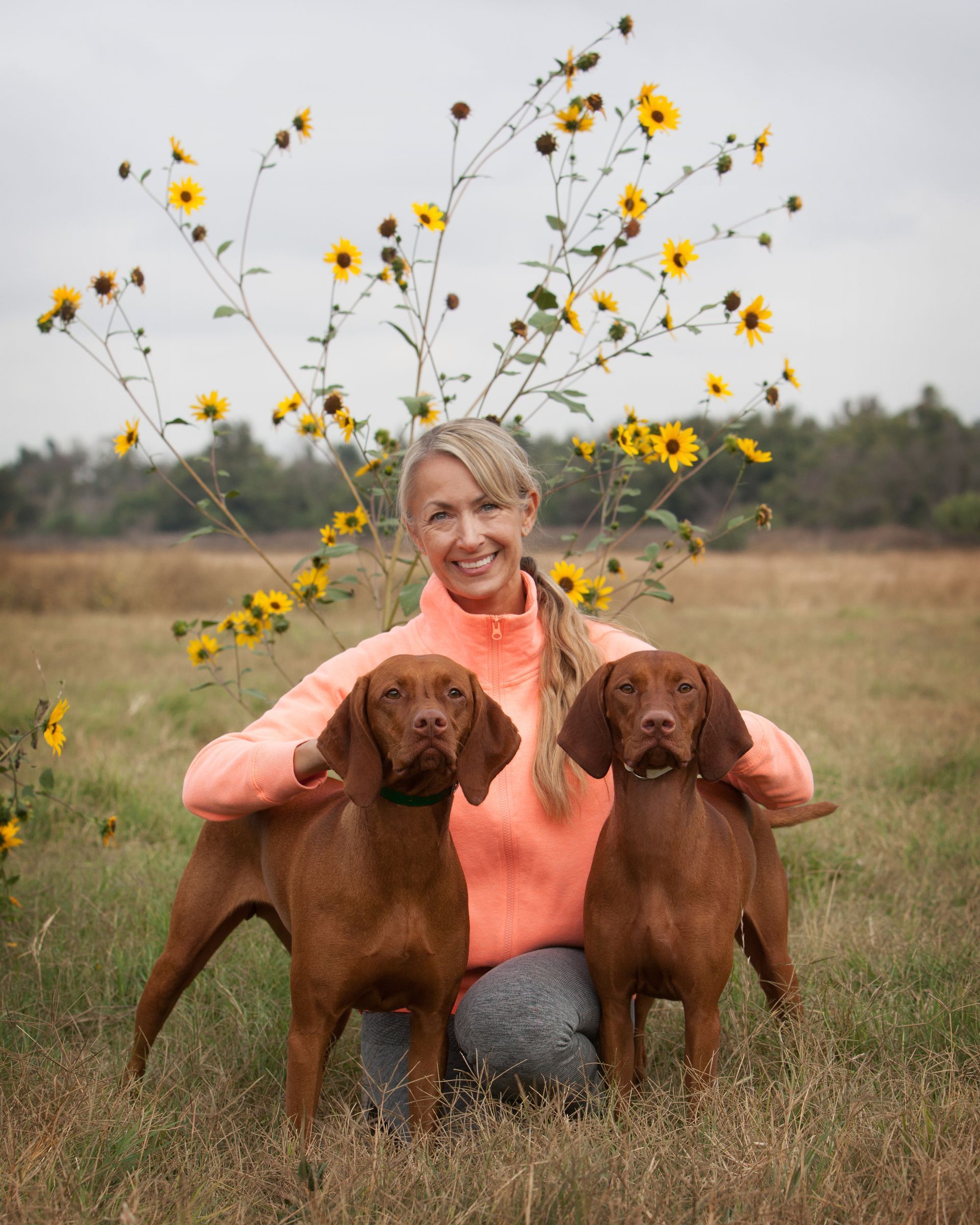 A woman is kneeling in a field with two dogs.
