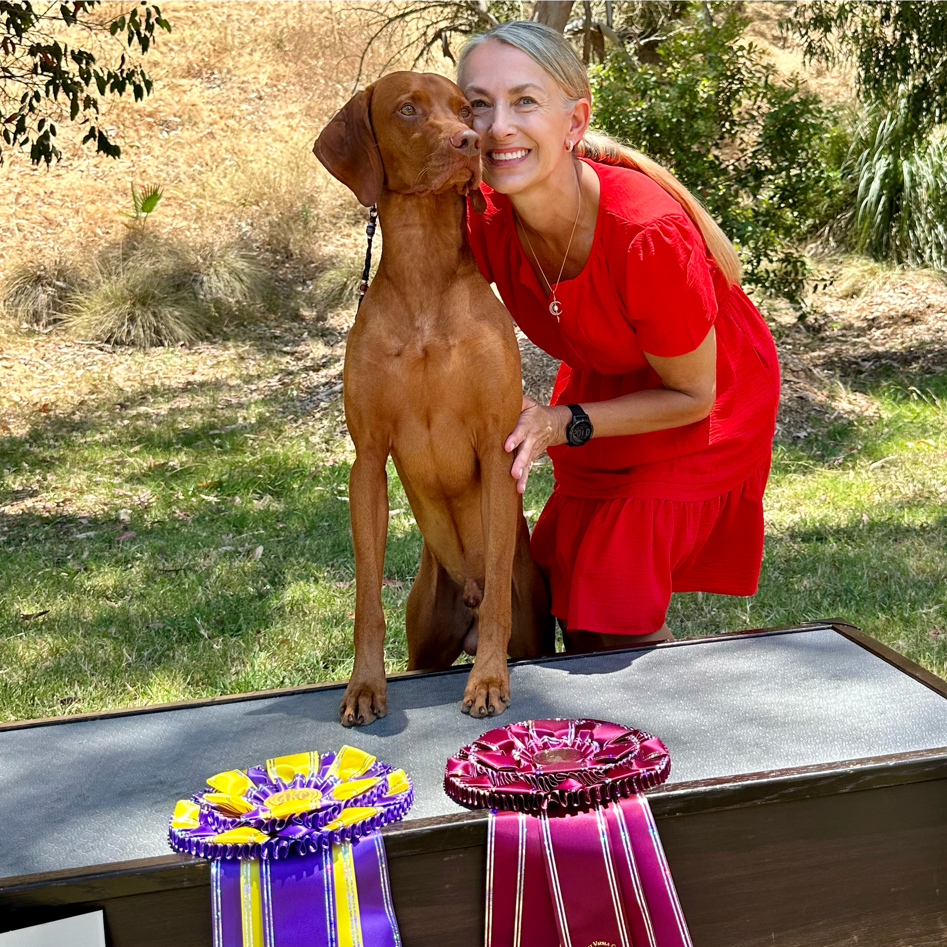 A woman in a red dress is kneeling next to a brown dog.