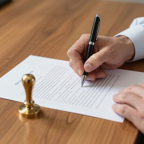 Person signing a document with a pen, seal present on wooden desk.