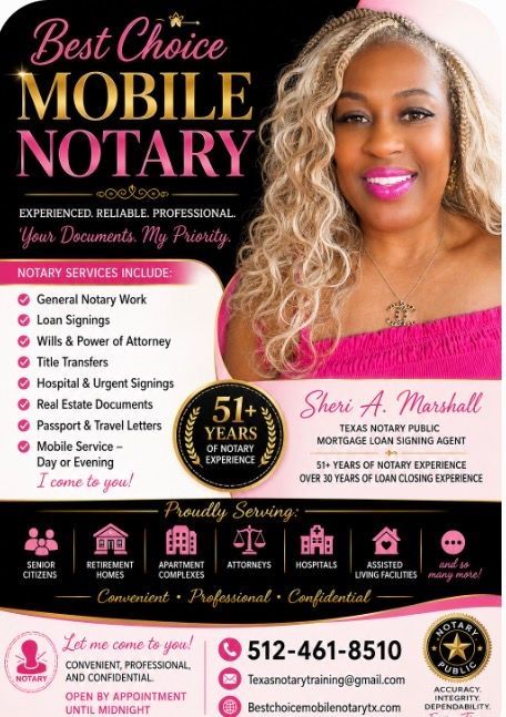 Advertisement for Best Choice Mobile Notary, a woman with a gold-themed background, list of services, contact information, and Texas notary seal.