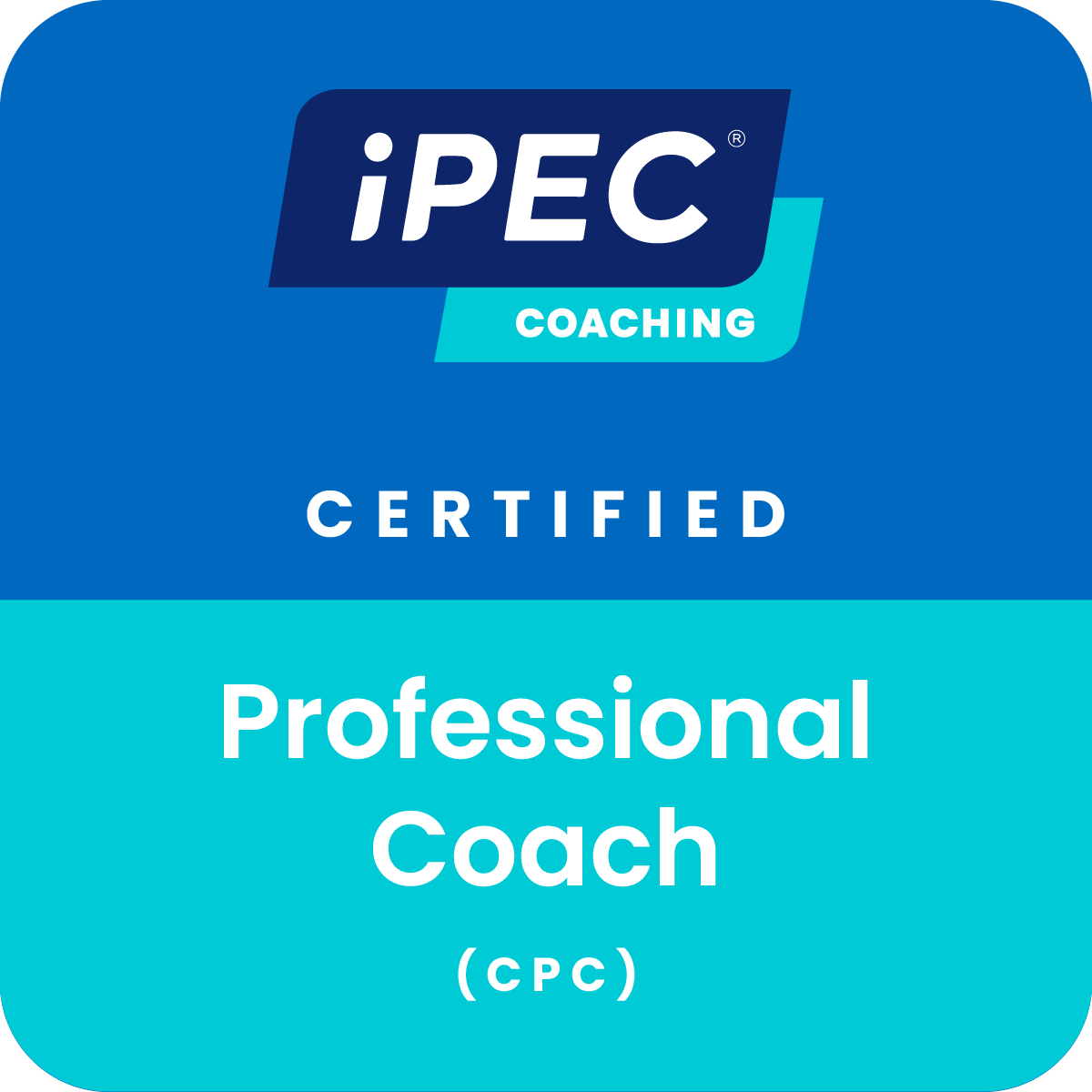 IPEC Coaching certification logo: a blue and teal square badge featuring the text