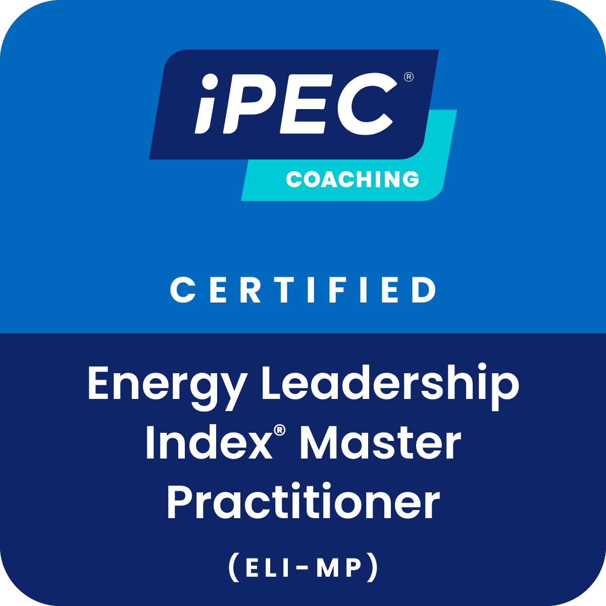 A blue certification badge for iPEC Coaching that says Energy Leadership Index Master Practitioner (ELI-MP).