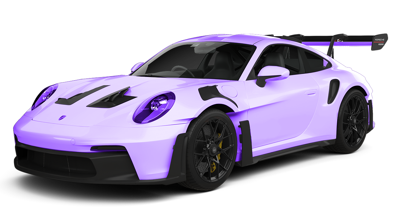 Lavender Porsche 911 GT3 RS sports car with black accents and a rear wing.