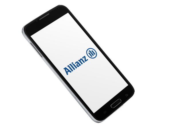 Smartphone affichant le logo Allianz en bleu sur un écran blanc.