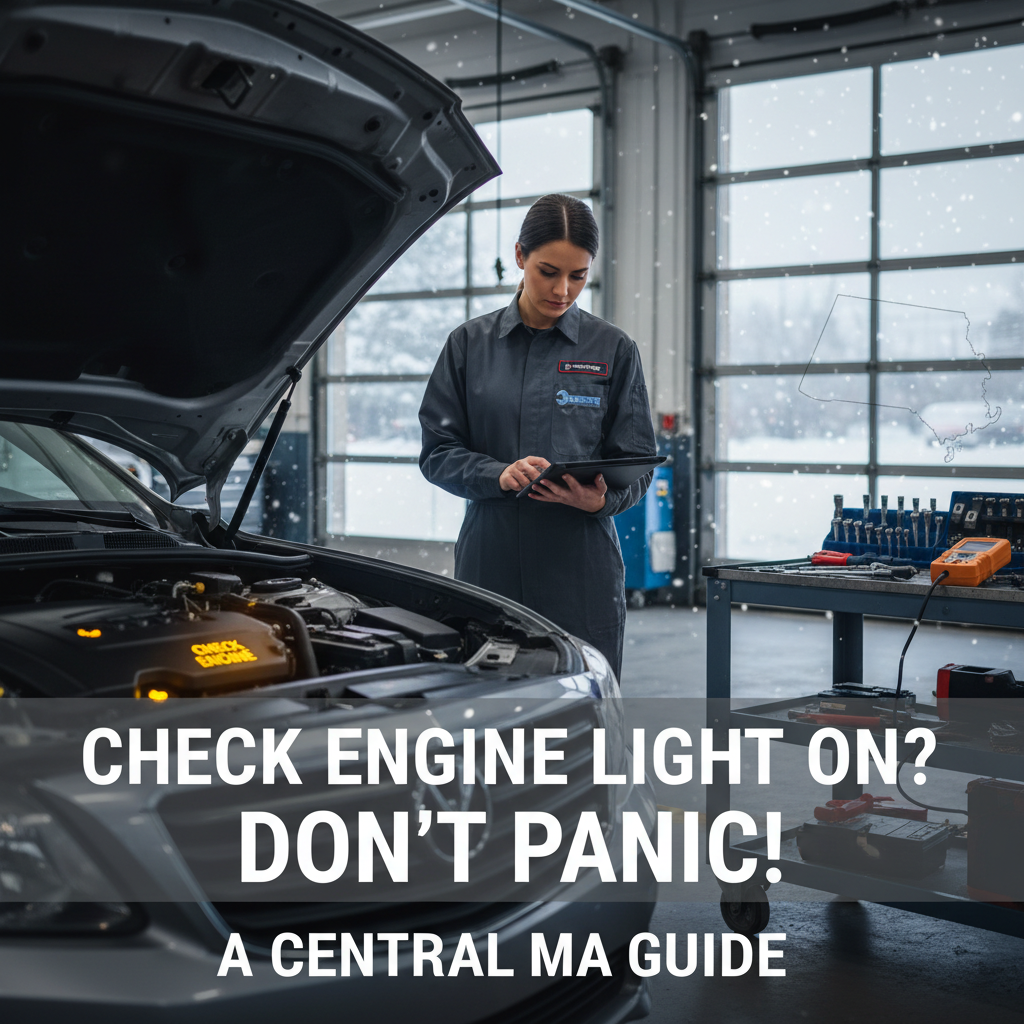 Mechanic in garage checking phone beside open car hood, with text: “Check engine light on? Don’t panic!”