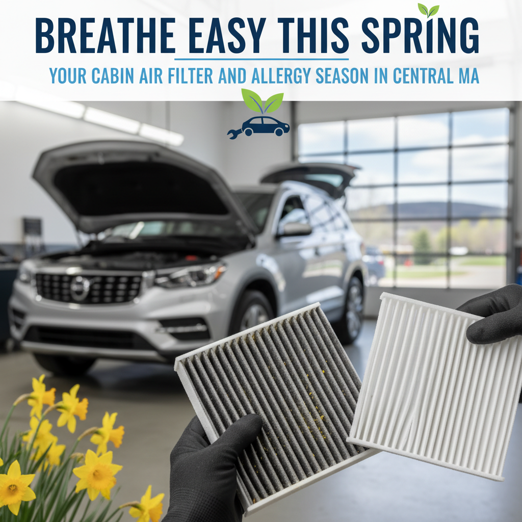 Car cabin air filter ad with car in service bay, gloved hands holding two filters, and spring flowers | Village Repair