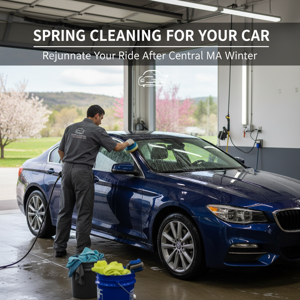 Car wash worker cleaning a blue sedan in a garage with “Spring Cleaning for Your Car” text overlay | Village Repair