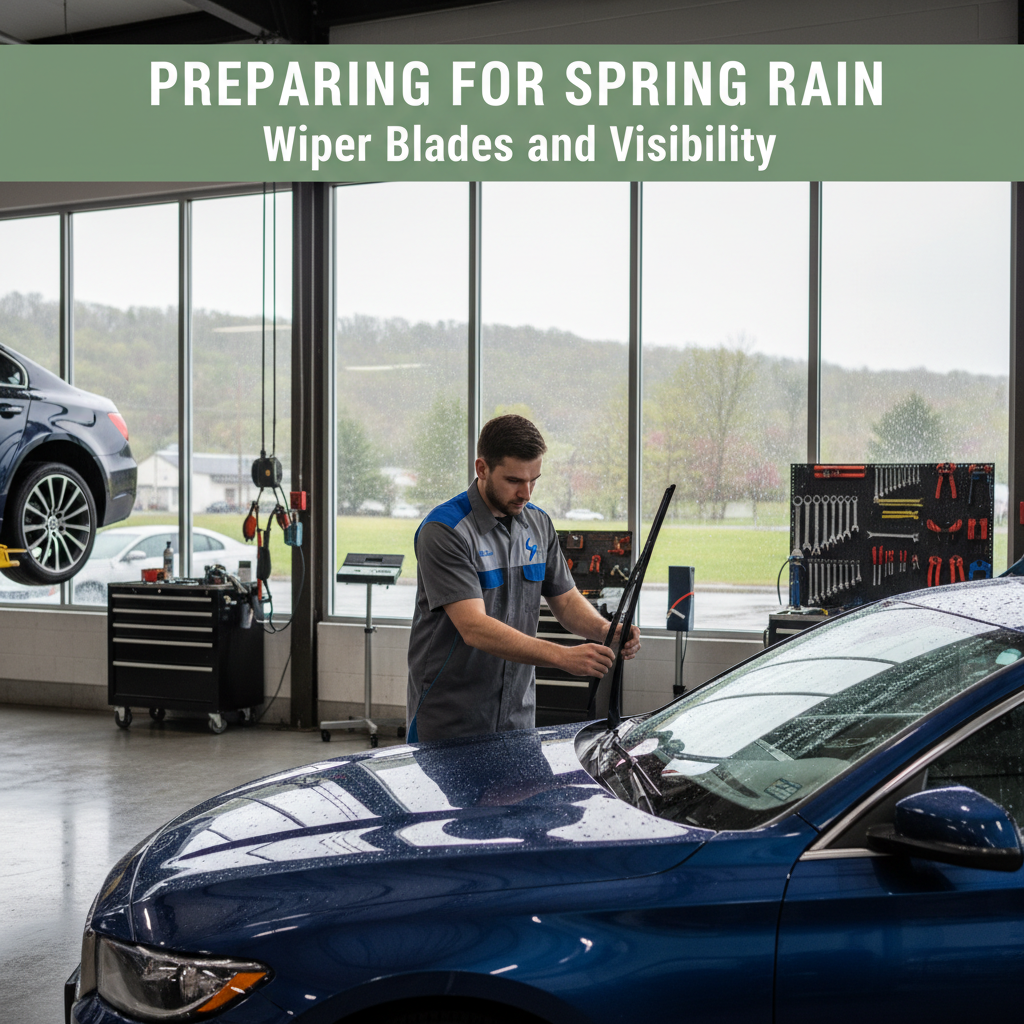 Mechanic replacing wiper blades on a blue car in a service bay with “Preparing for spring rain” sign | Village Repair