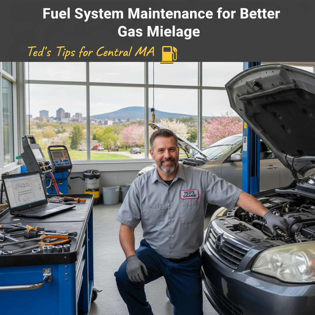 Auto shop technician beside open car hood with fuel system maintenance text overlay | Village Repair