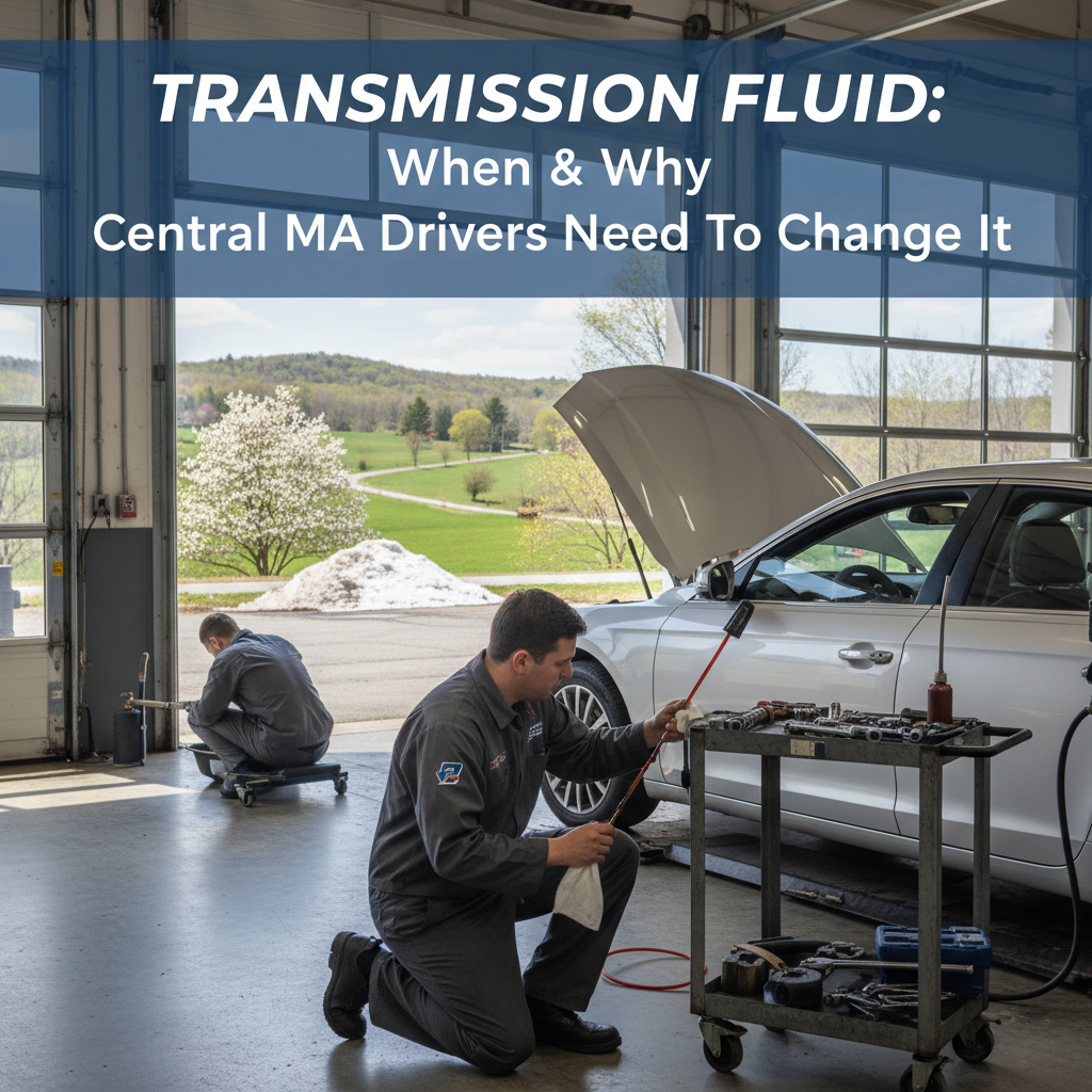 Mechanic checking a car’s transmission fluid in a garage, with text about when and why to change it. | Village Repair
