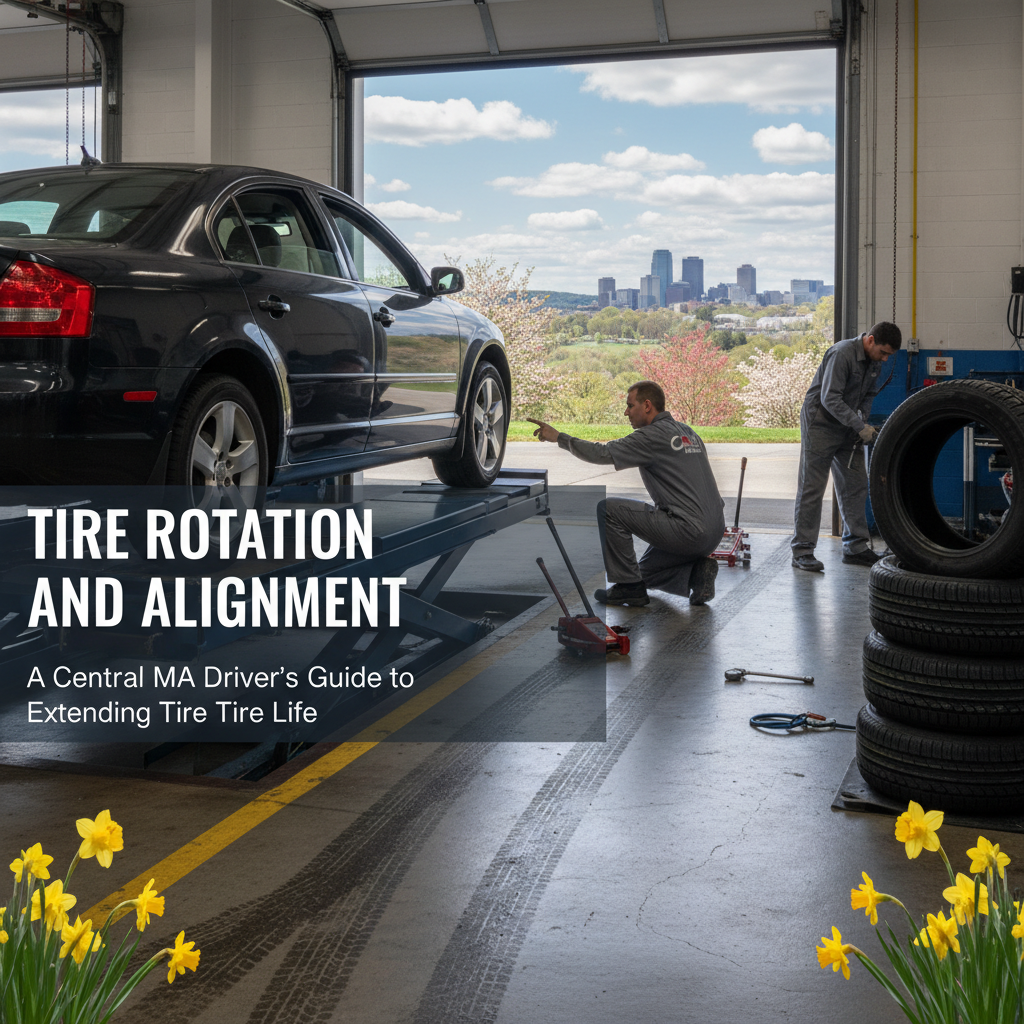 Black car in auto shop with mechanic, tire wheel, and text: Tire Rotation and Alignment | Village Repair