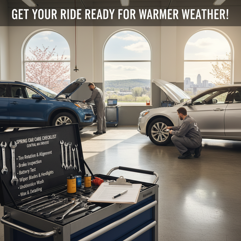 Mechanic replacing wiper blades on a blue car in a service bay with “Preparing for spring rain” sign | Village Repair