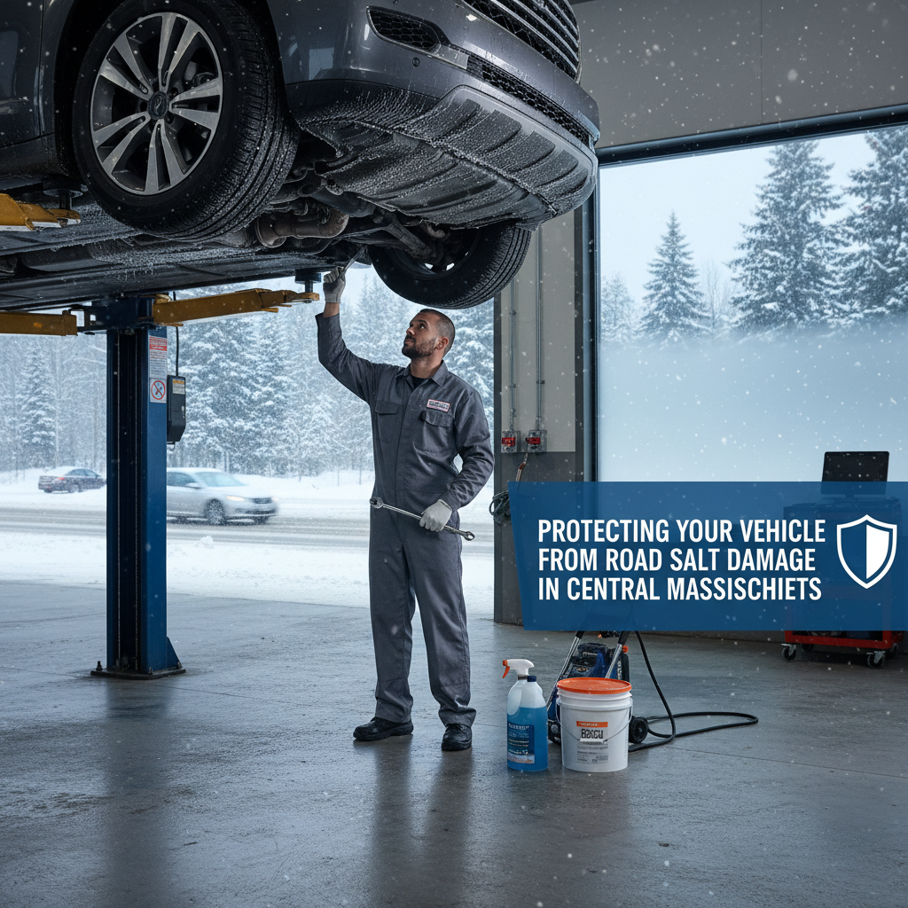 Mechanic replacing wiper blades on a blue car in a service bay with “Preparing for spring rain” sign | Village Repair