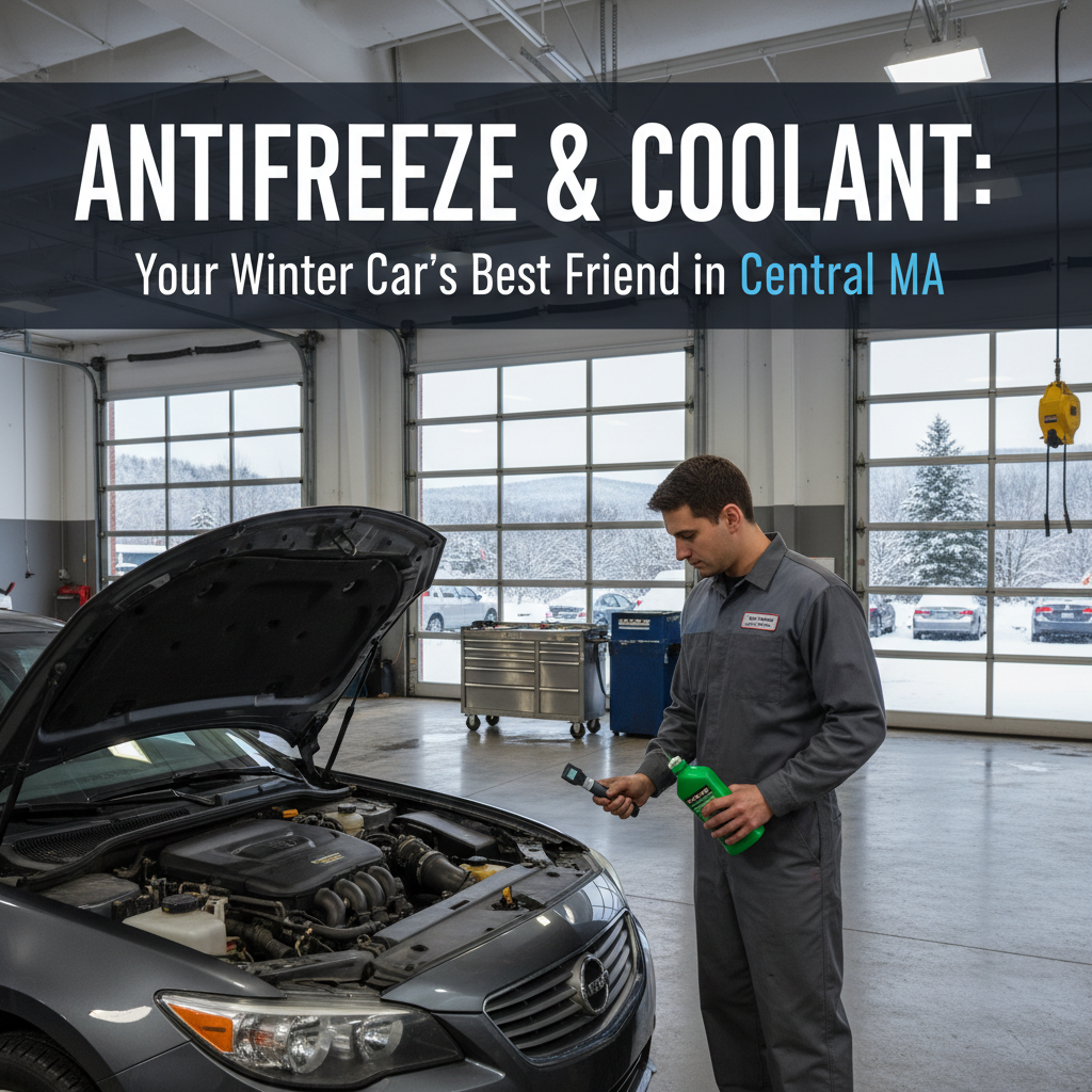 Mechanic checks a car in a garage; banner reads “ANTIFREEZE & COOLANT: Your Winter Car’s Best Friend in Central MA”