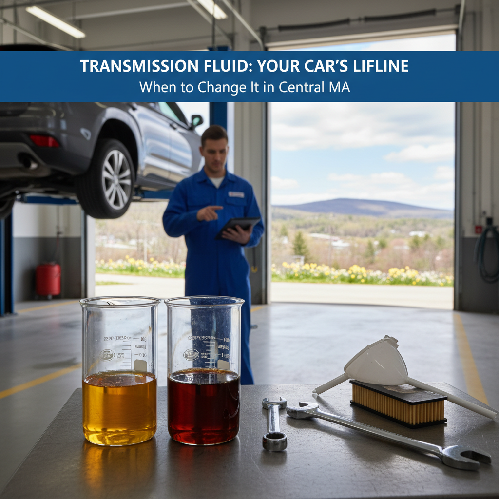 Mechanic in blue coveralls beside transmission fluid jars and tools in an auto shop with lift and car | Vaupell Auto Repair
