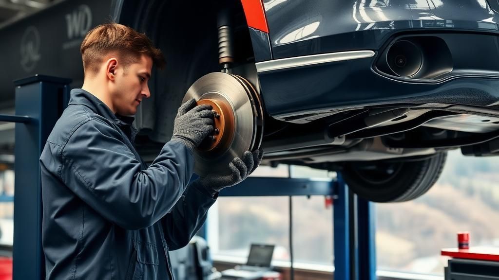 Mechanic inspecting a car’s brake disc on a lift in an auto repair shop