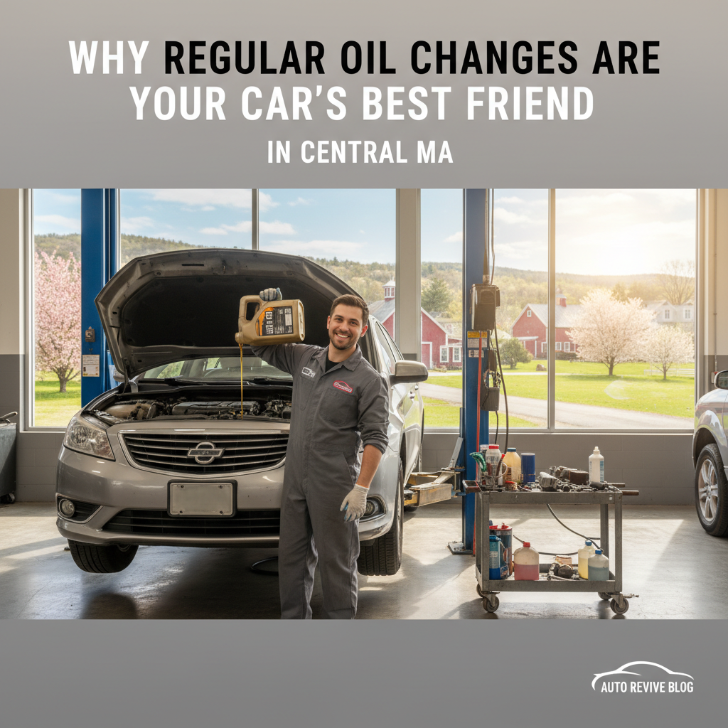 Auto service ad with mechanic beside a car in a garage, promoting regular oil changes in central MA | Village Repair