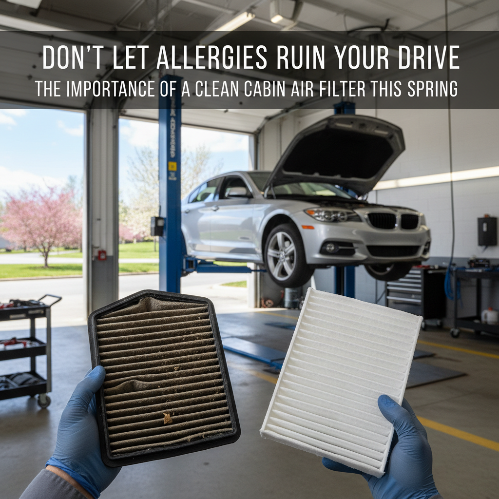 Mechanic replacing wiper blades on a blue car in a service bay with “Preparing for spring rain” sign | Village Repair