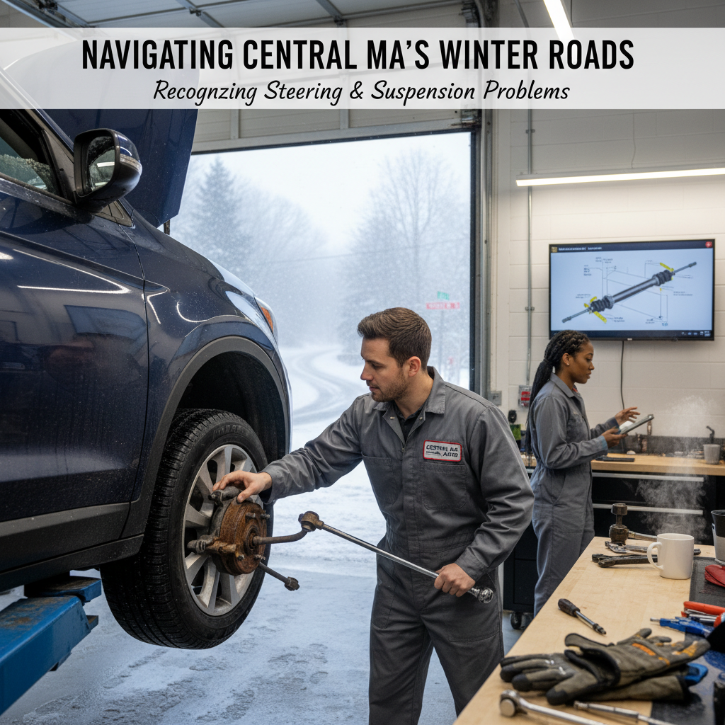 Mechanic inspects a truck’s wheel in a snowy garage; winter road safety banner overhead.