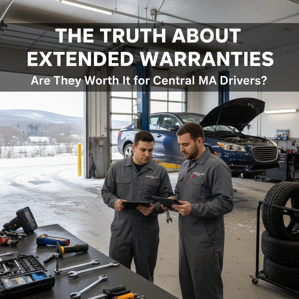 Mechanics discussing a tablet in an auto shop with the text “The Truth About Extended Warranties”