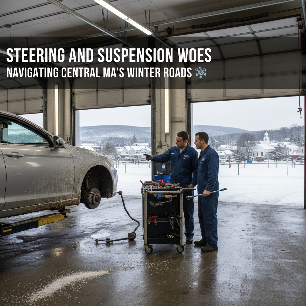Mechanics inspect a car’s suspension in a snowy garage with “Steering and Suspension Woes” text overlay
