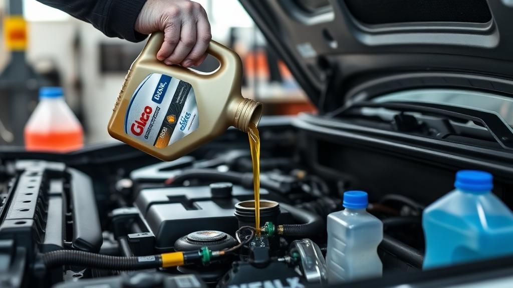 Hand pouring motor oil into a car engine bay with bottles and tools nearby