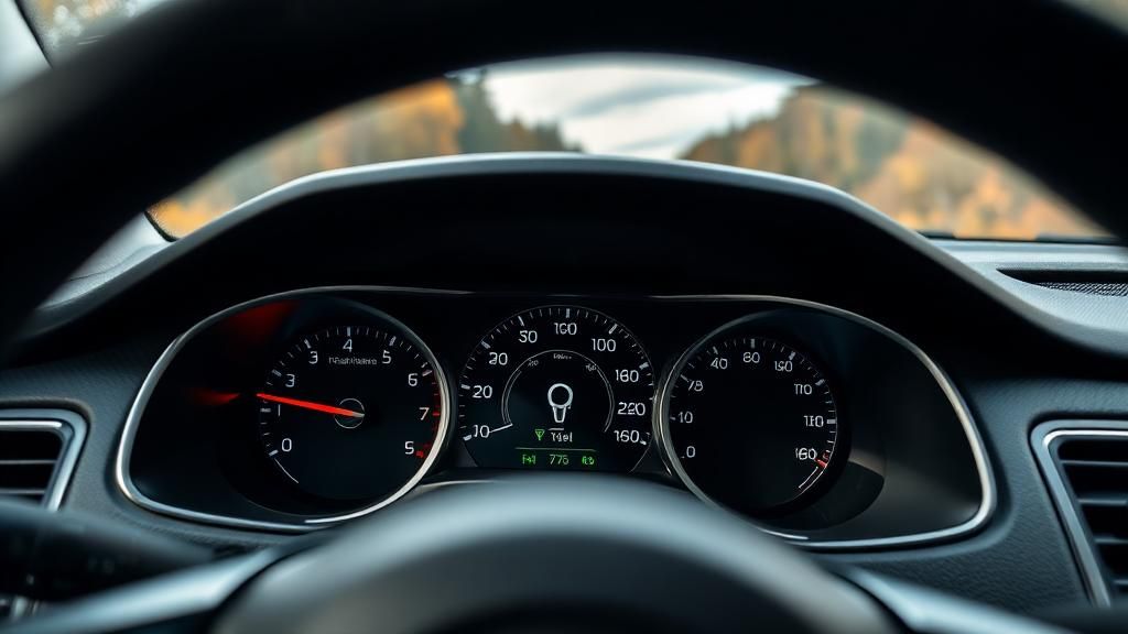 Dashboard view from a car interior with speedometer, tachometer, and steering wheel in focus.